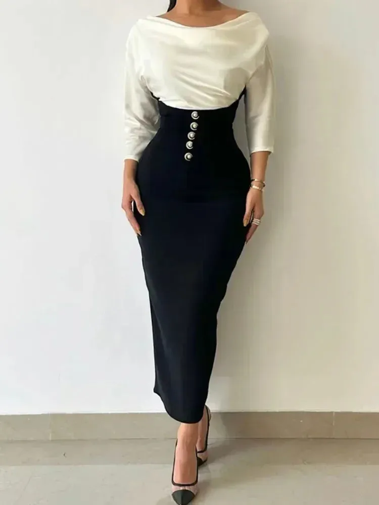 Amozae-Female Stylish Solid Color Blouses Tops & High-Waisted Skinny Wrap Long Skirts Two Piece Skirt Sets for Women Going-out