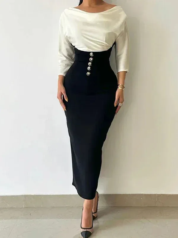 Amozae-Female Stylish Solid Color Blouses Tops & High-Waisted Skinny Wrap Long Skirts Two Piece Skirt Sets for Women Going-out