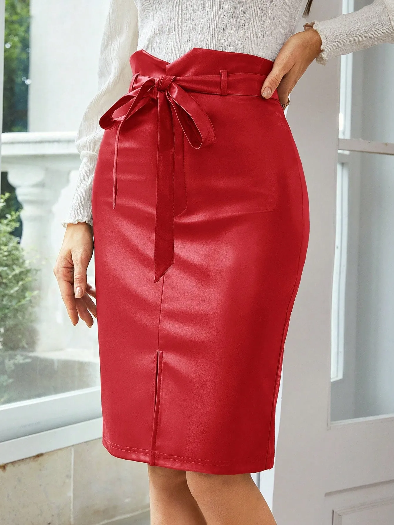 Asymmetrical Waist Split Hem Belted PU Leather Skirt