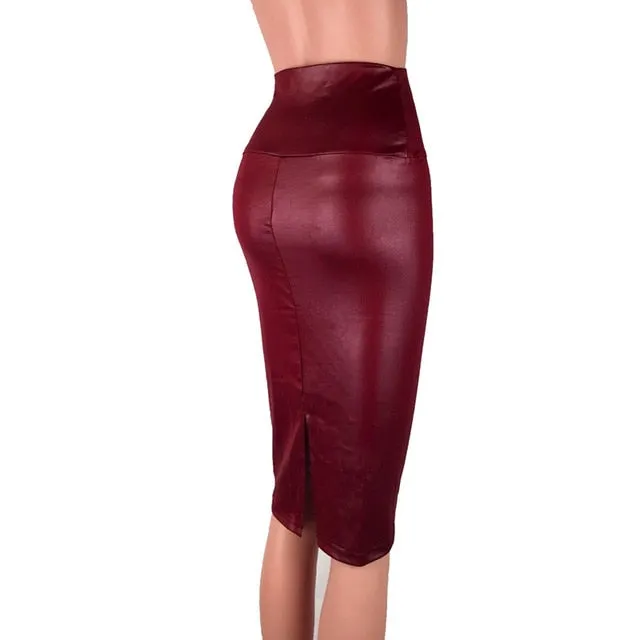 Back Split Faux Leather Pencil Skirt