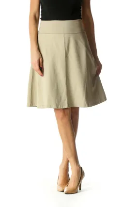 Beige Solid Retro Flared Skirt