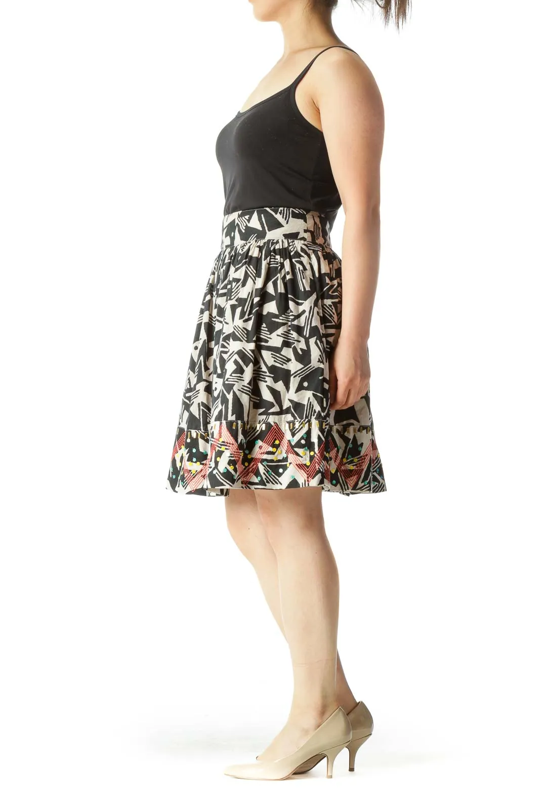 Black & Beige Abstract Print Flared Skirt with Beaded & Embroidered Hem