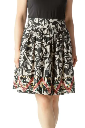 Black & Beige Abstract Print Flared Skirt with Beaded & Embroidered Hem