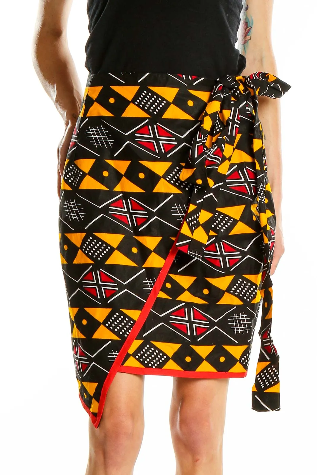 Black and Orange Geometric Print Wrap Skirt