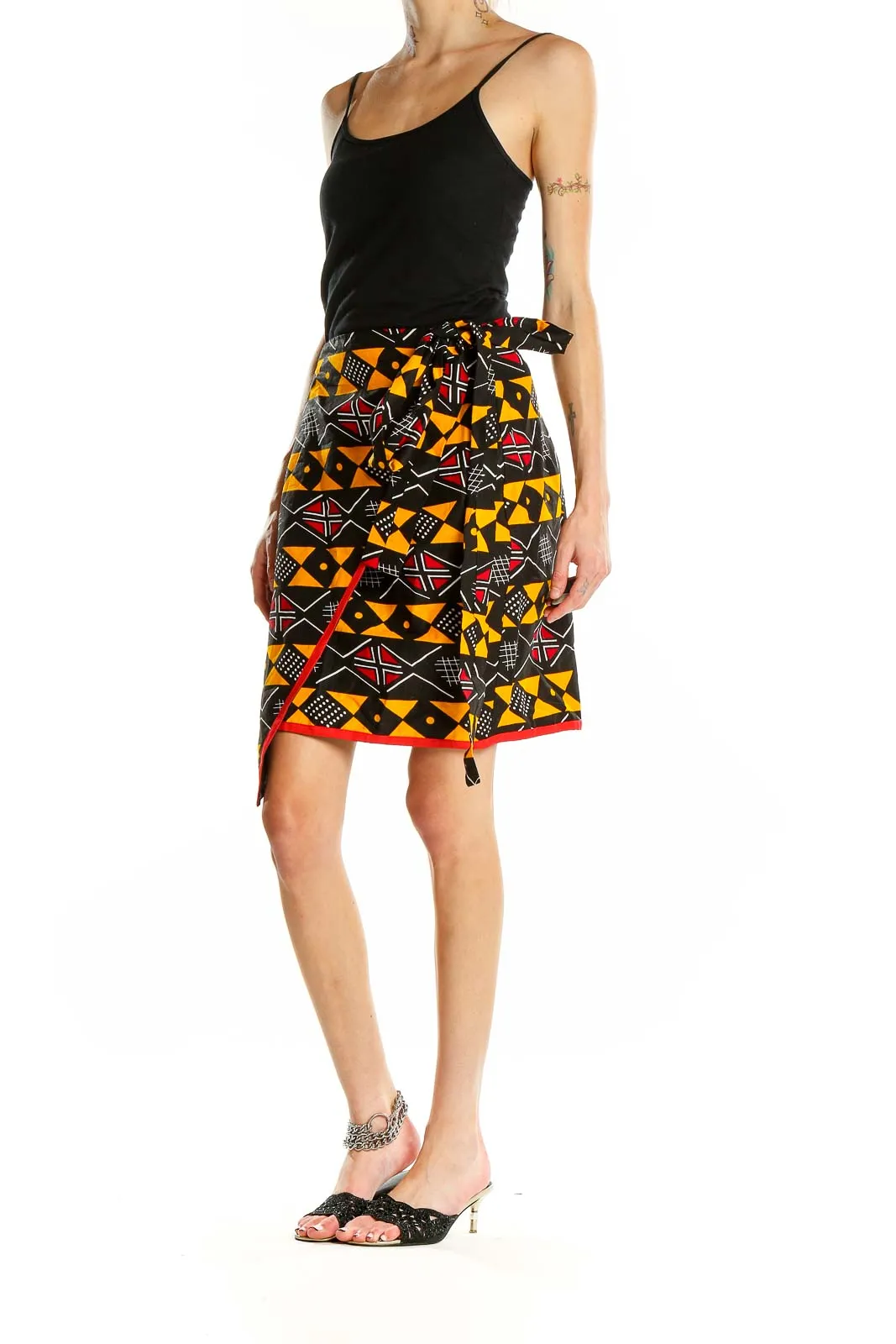 Black and Orange Geometric Print Wrap Skirt