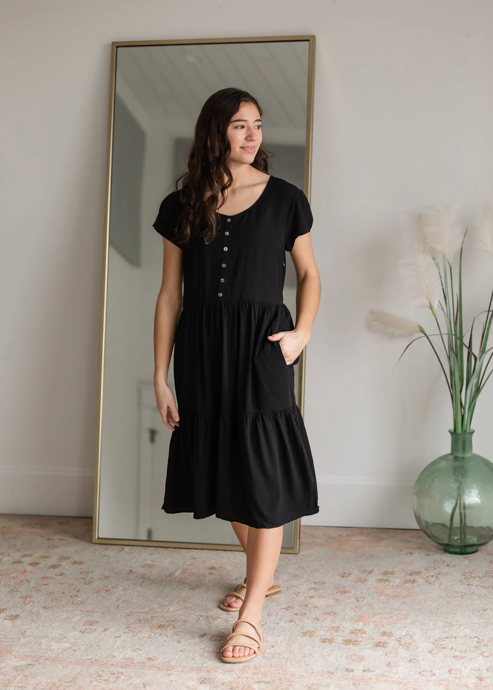 Black Button Up Tiered Midi Dress - FINAL SALE