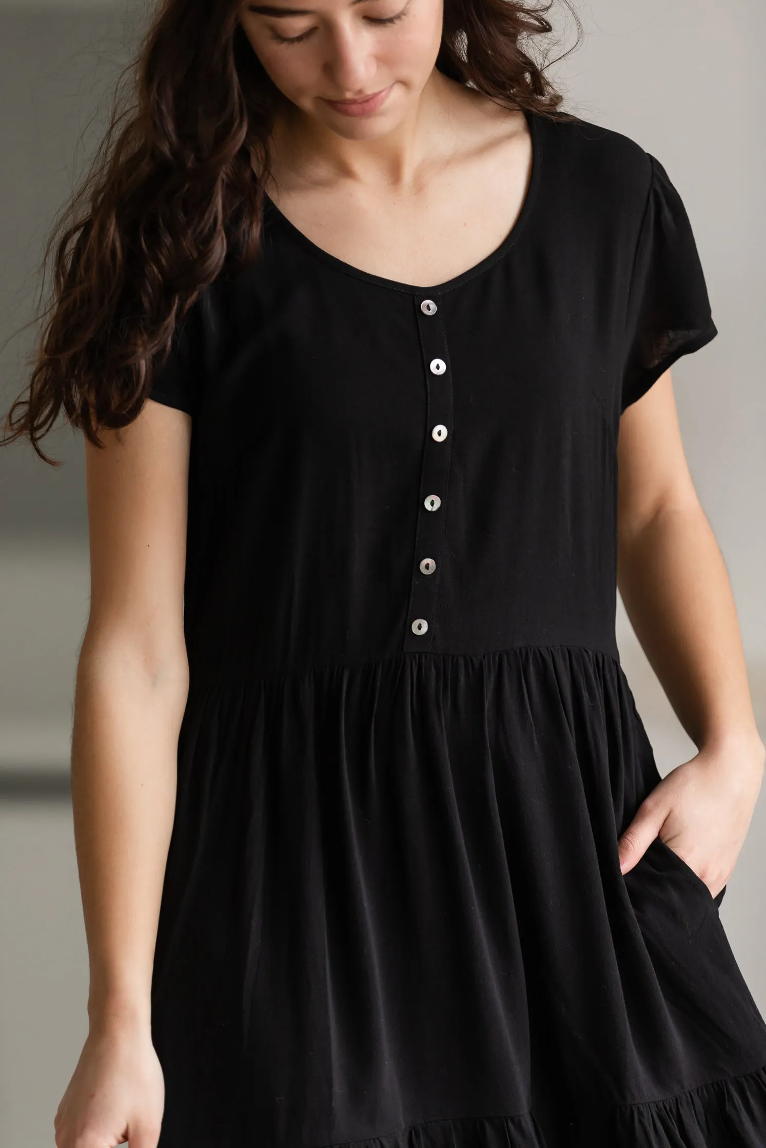 Black Button Up Tiered Midi Dress - FINAL SALE