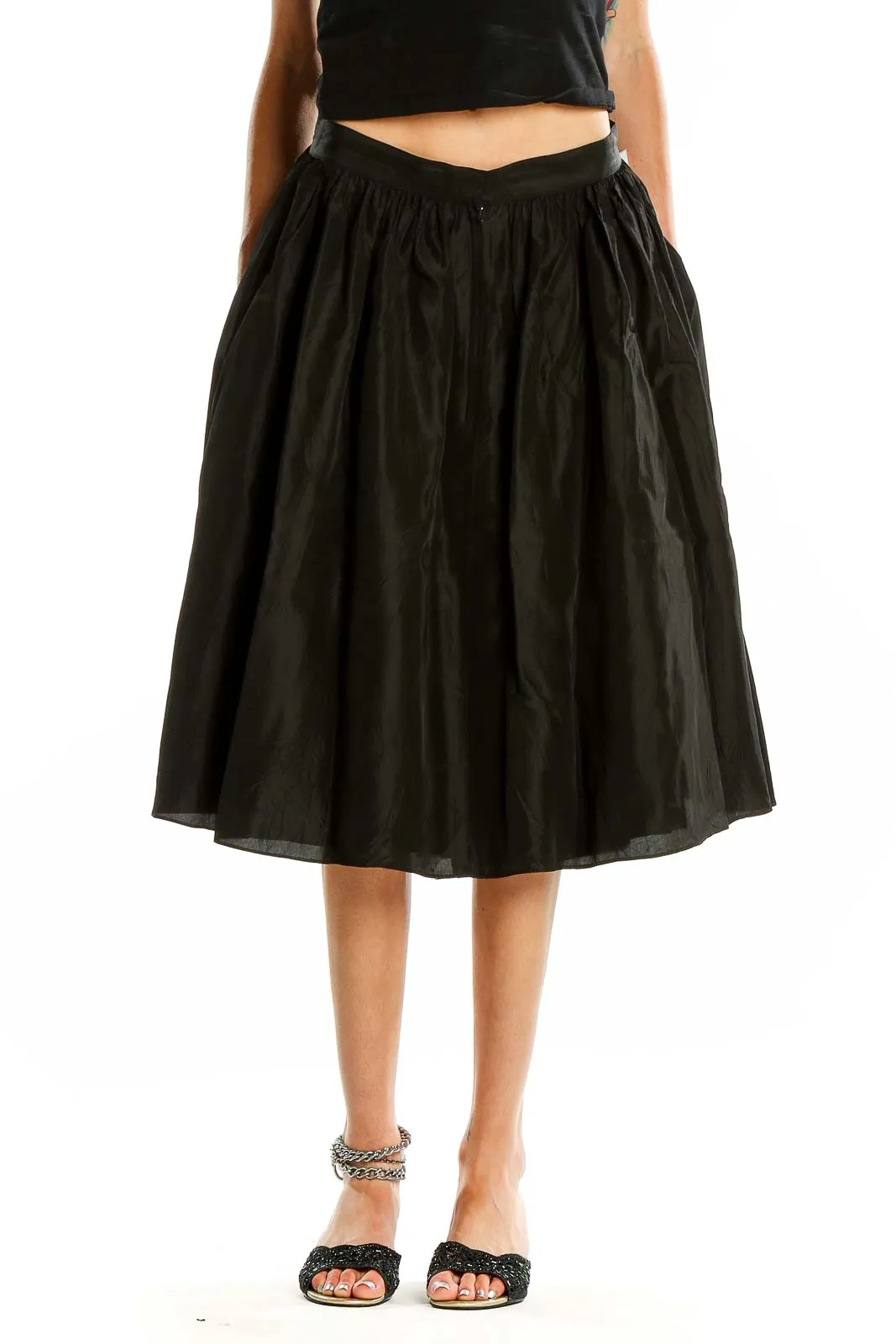 Black Flared Cotton Blend Midi Skirt