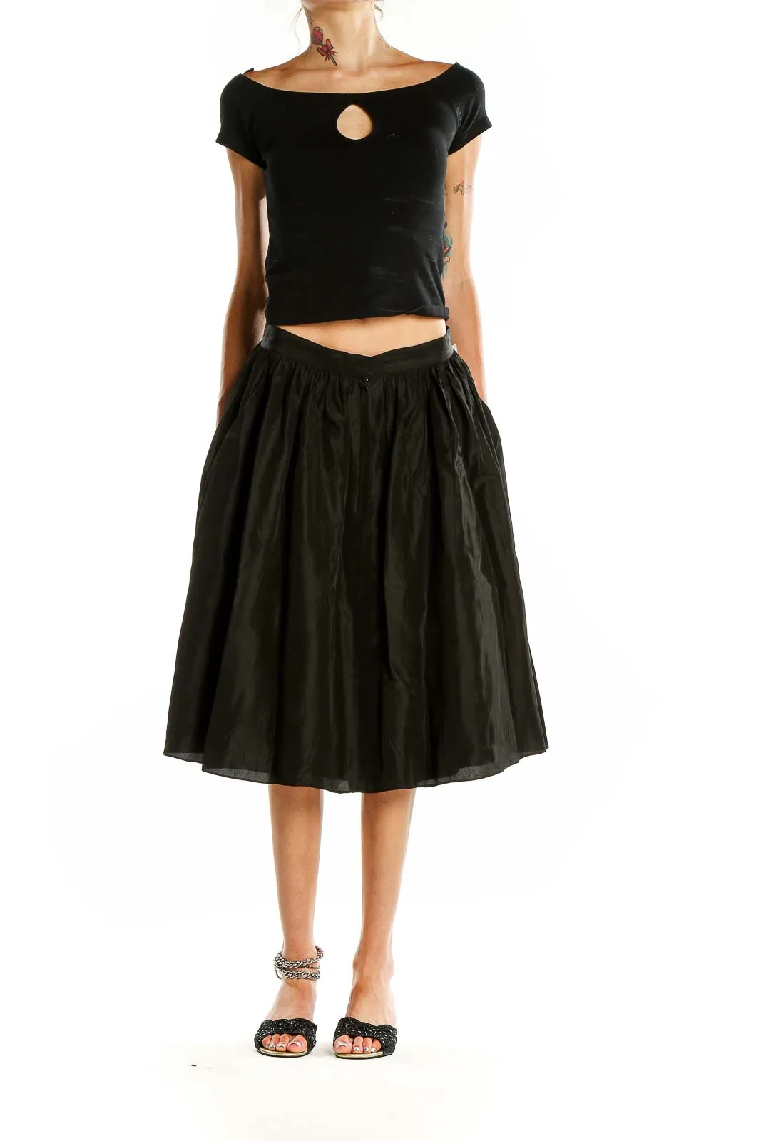 Black Flared Cotton Blend Midi Skirt