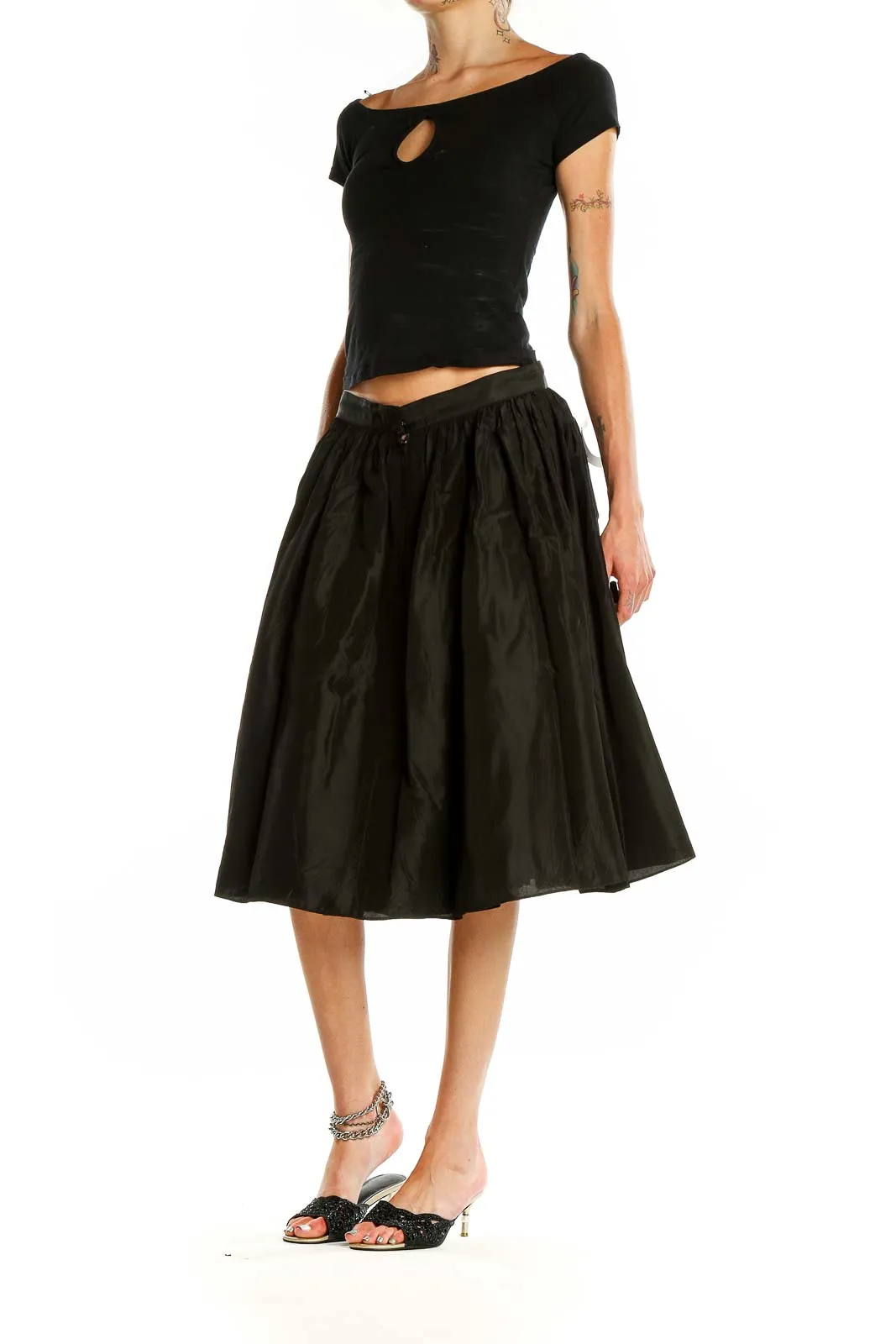 Black Flared Cotton Blend Midi Skirt