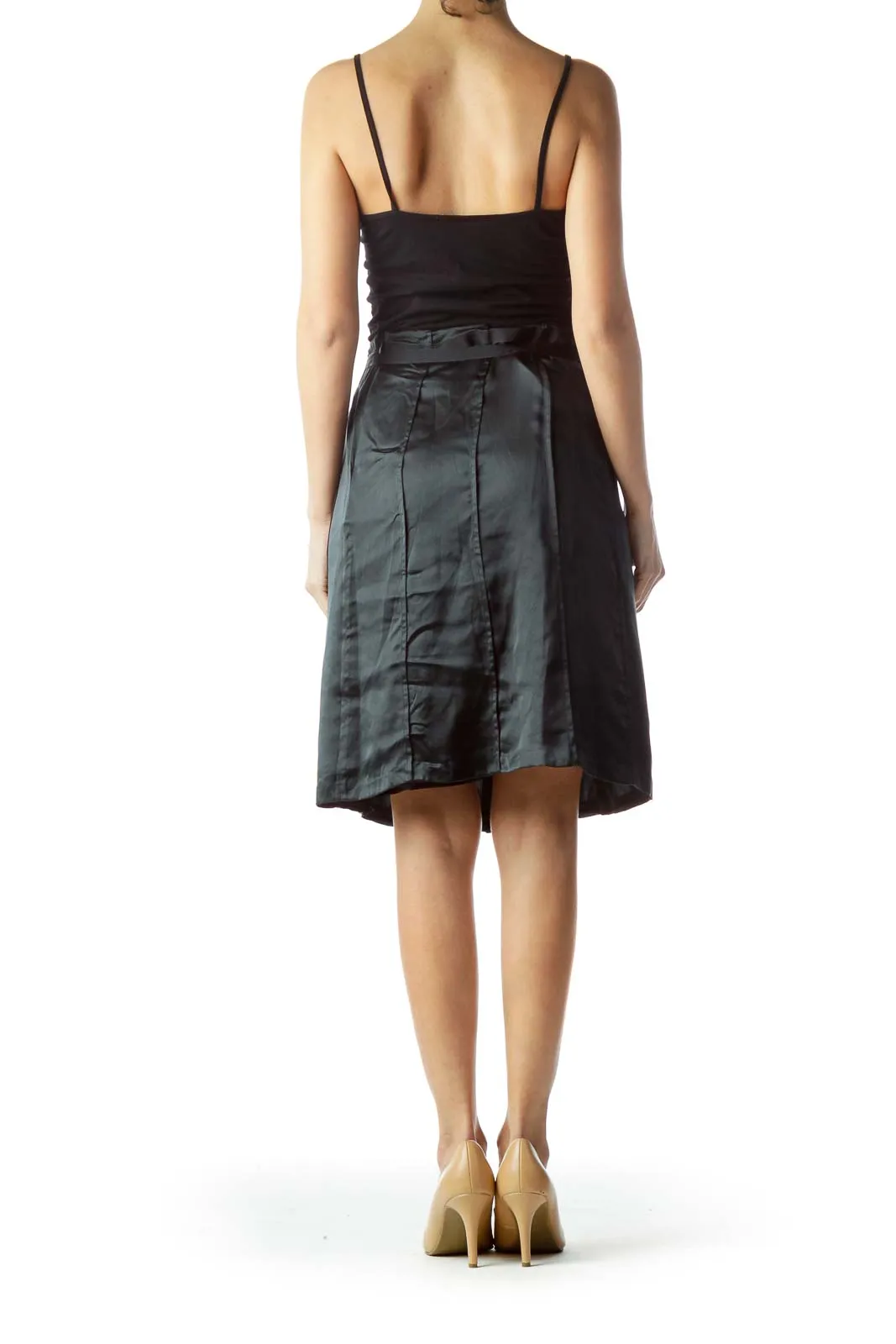 Black Flared Silk Skirt with Belt and Slip