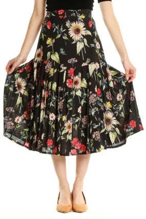 Black Floral Print Retro Flared Skirt