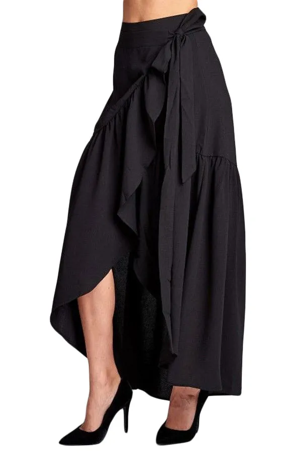 Black Frilled Wrap Maxi Skirt