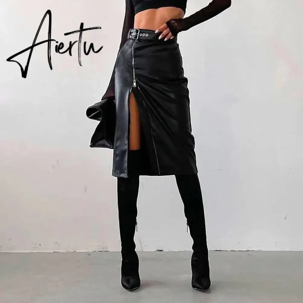 Black PU Leather High Waist Pencil Skirts Vintage Grunge Women Streetwear Zipper High Split Bodycon Midi Skirt with Belt