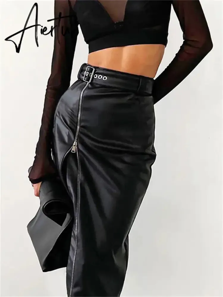 Black PU Leather High Waist Pencil Skirts Vintage Grunge Women Streetwear Zipper High Split Bodycon Midi Skirt with Belt