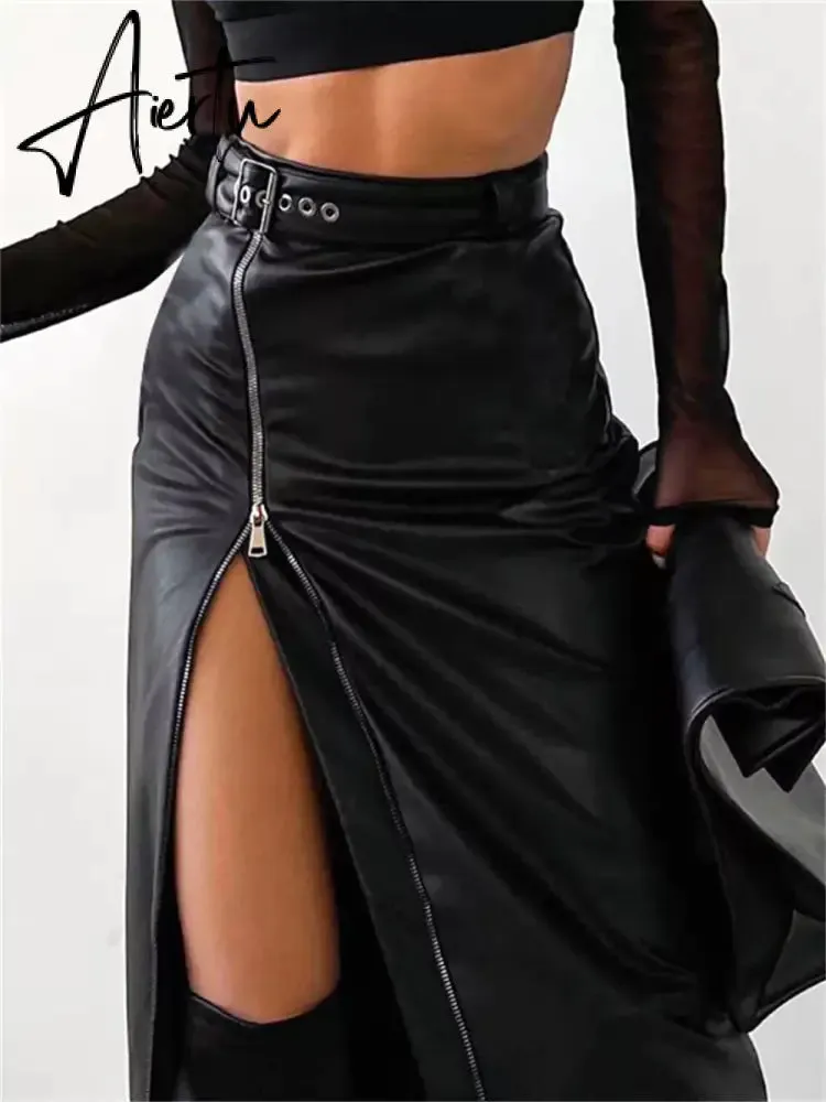 Black PU Leather High Waist Pencil Skirts Vintage Grunge Women Streetwear Zipper High Split Bodycon Midi Skirt with Belt