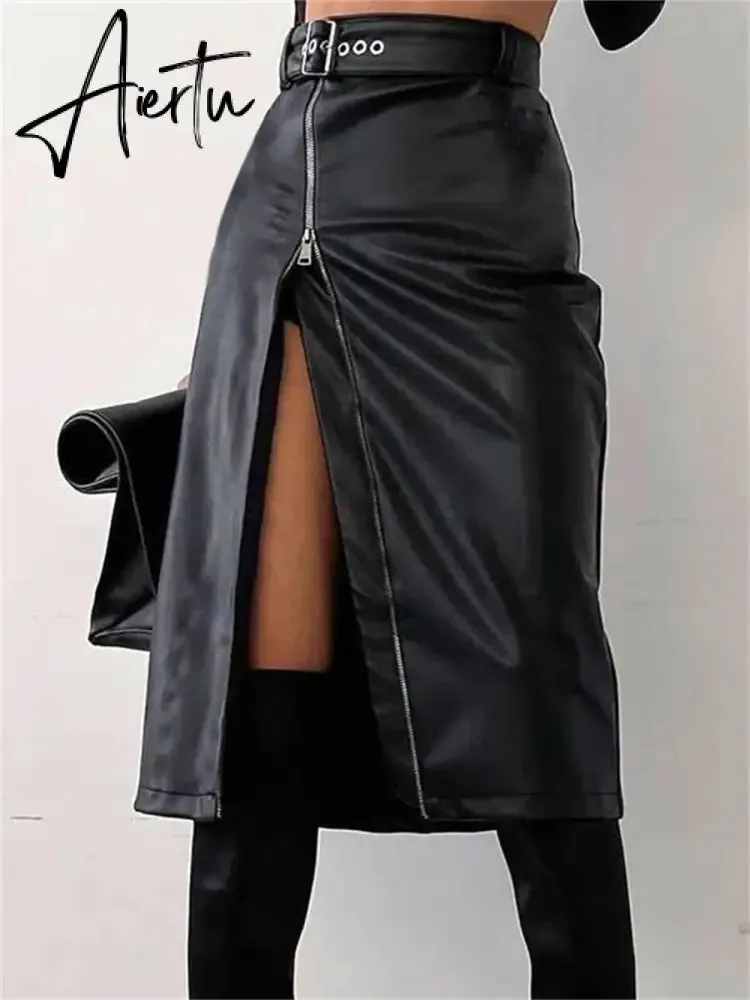 Black PU Leather High Waist Pencil Skirts Vintage Grunge Women Streetwear Zipper High Split Bodycon Midi Skirt with Belt