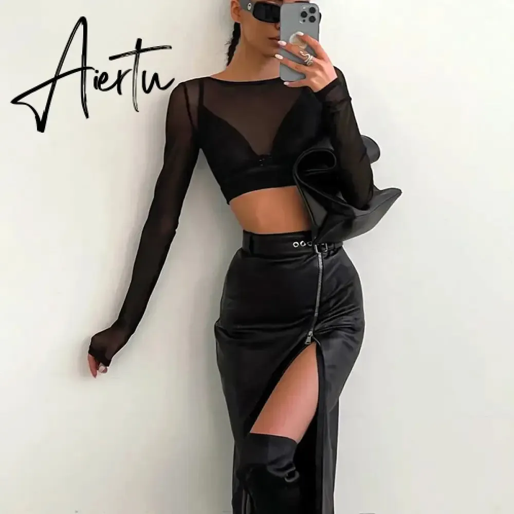 Black PU Leather High Waist Pencil Skirts Vintage Grunge Women Streetwear Zipper High Split Bodycon Midi Skirt with Belt