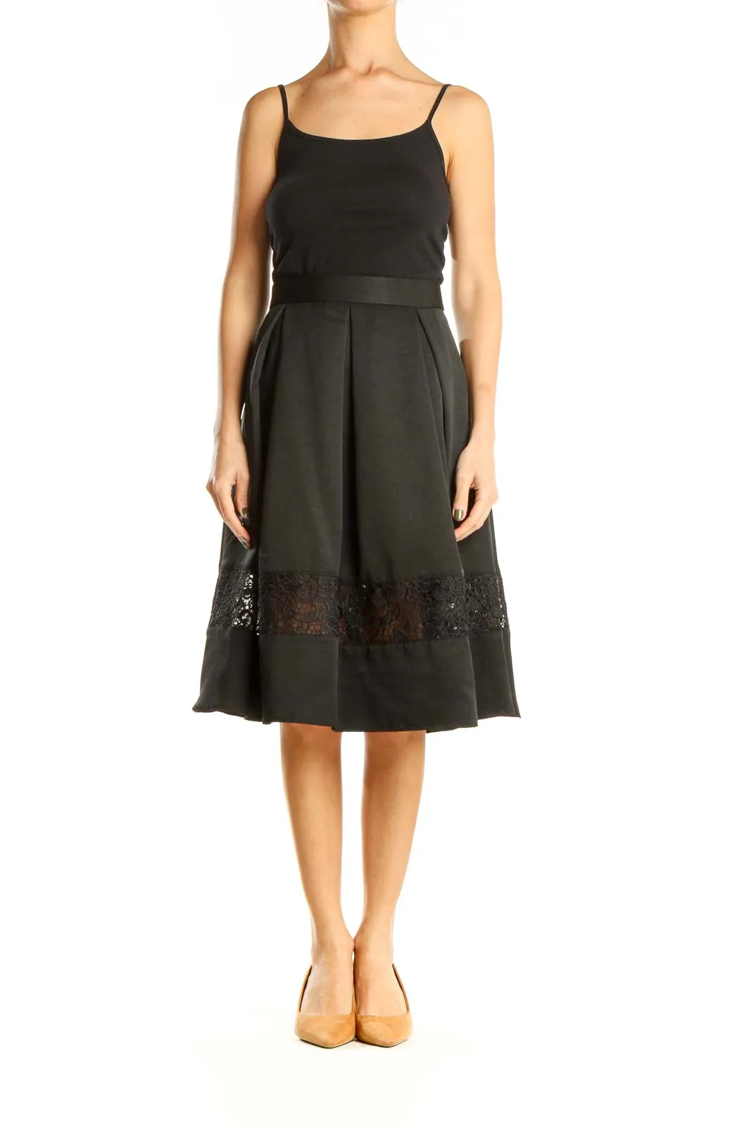 Black Retro Pleated Skirt with Lace Detail