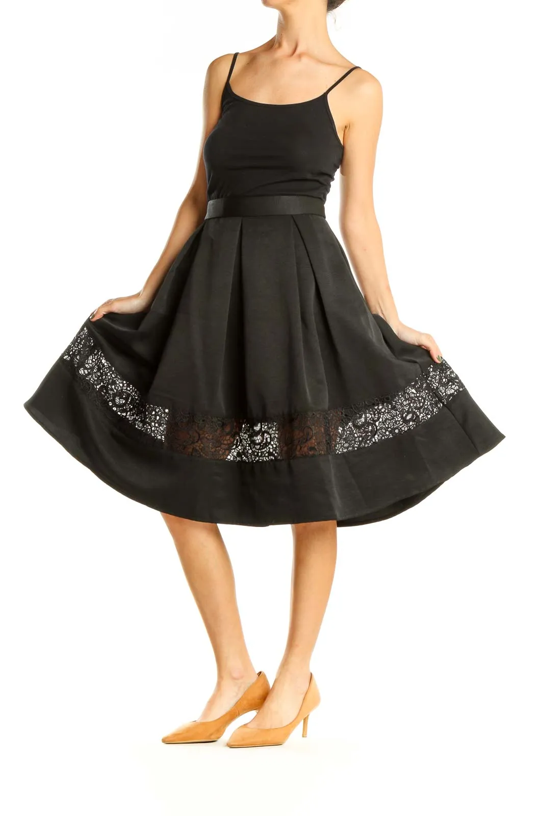 Black Retro Pleated Skirt with Lace Detail