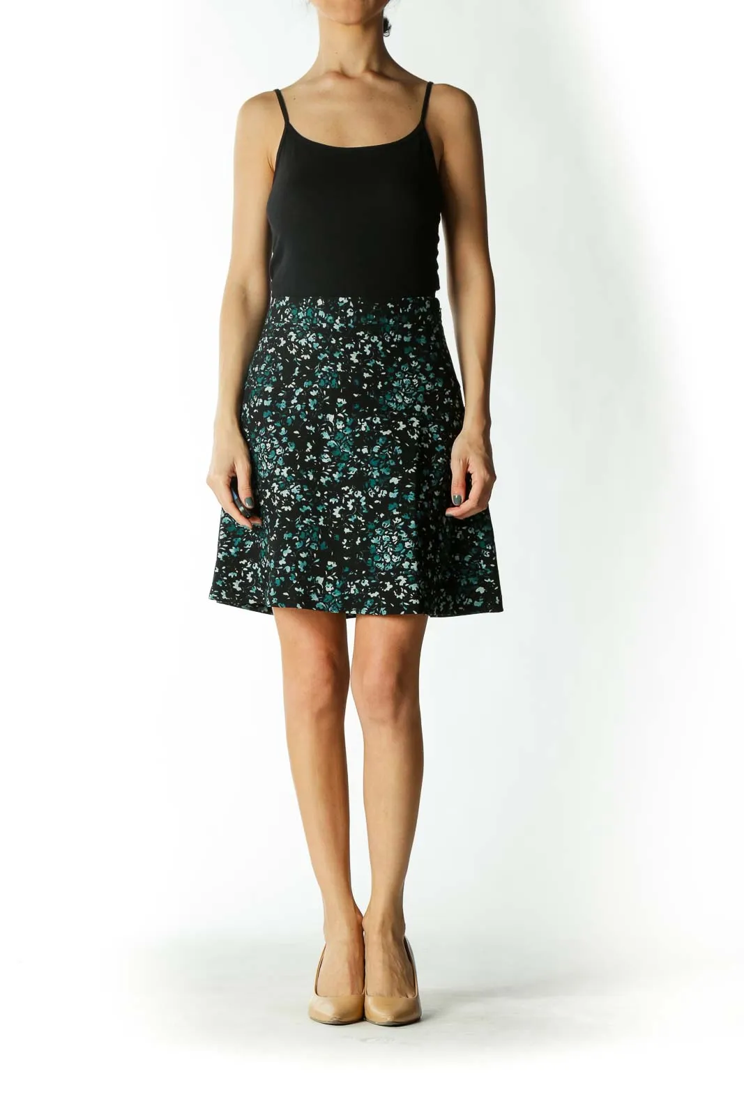 Black Small-Floral-Print Lined Flared Skirt