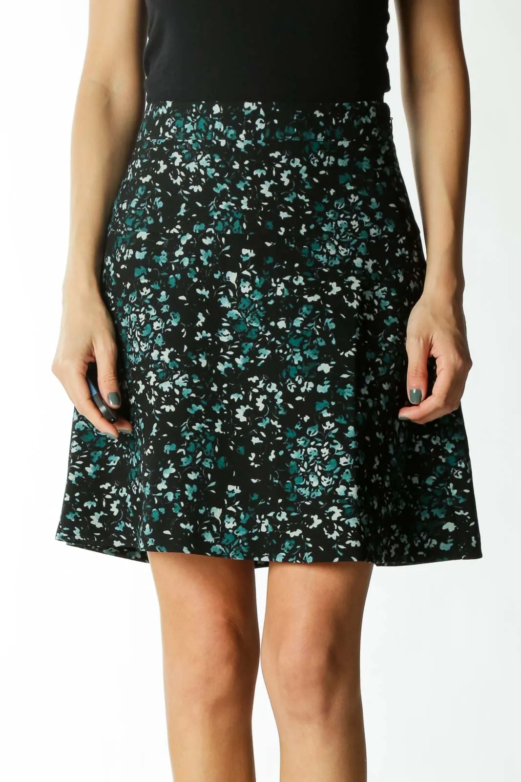 Black Small-Floral-Print Lined Flared Skirt