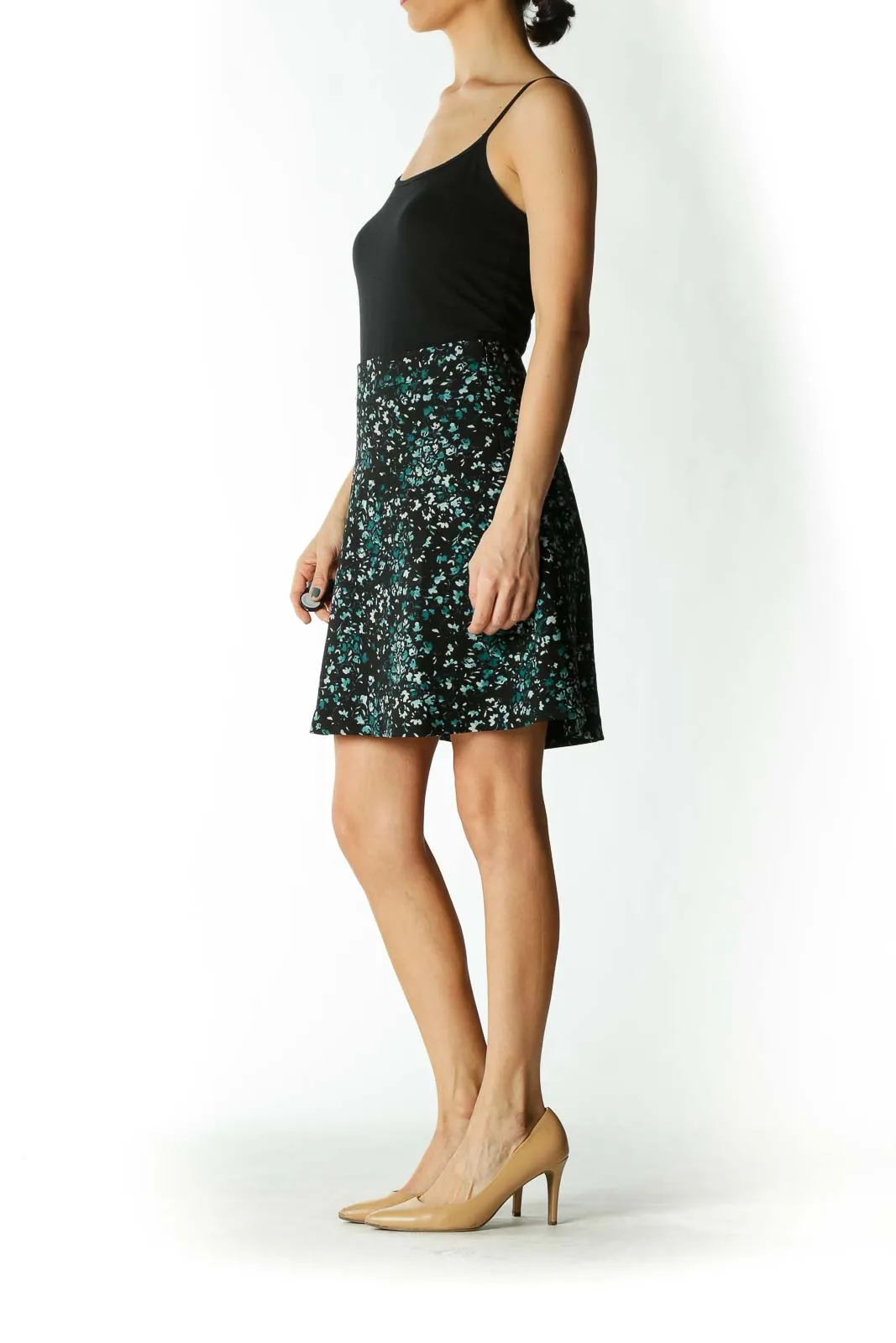 Black Small-Floral-Print Lined Flared Skirt