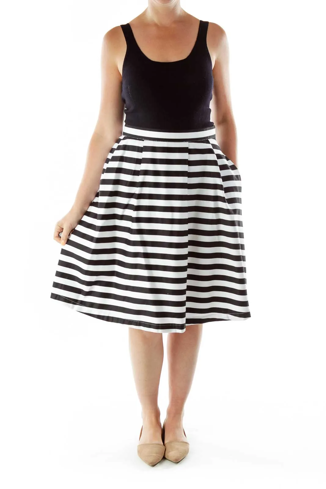 Black White Striped Flared Skirt