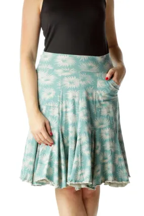 Blue Beige Printed A-Line Stretchy Skirt