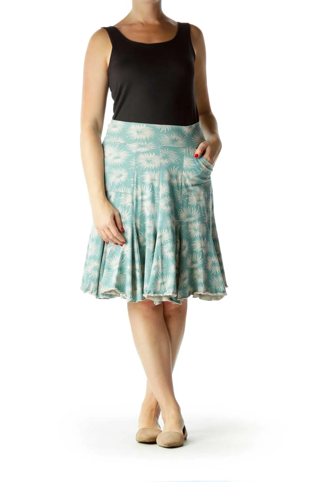 Blue Beige Printed A-Line Stretchy Skirt