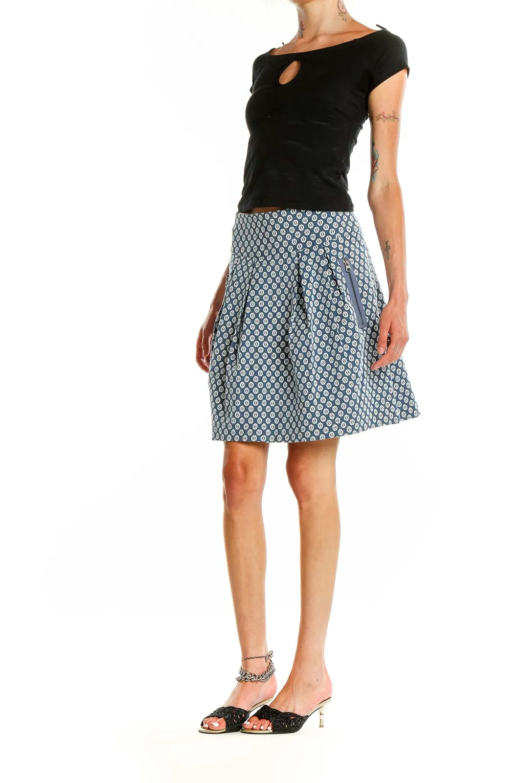 Blue Geometric Print A-Line Skirt