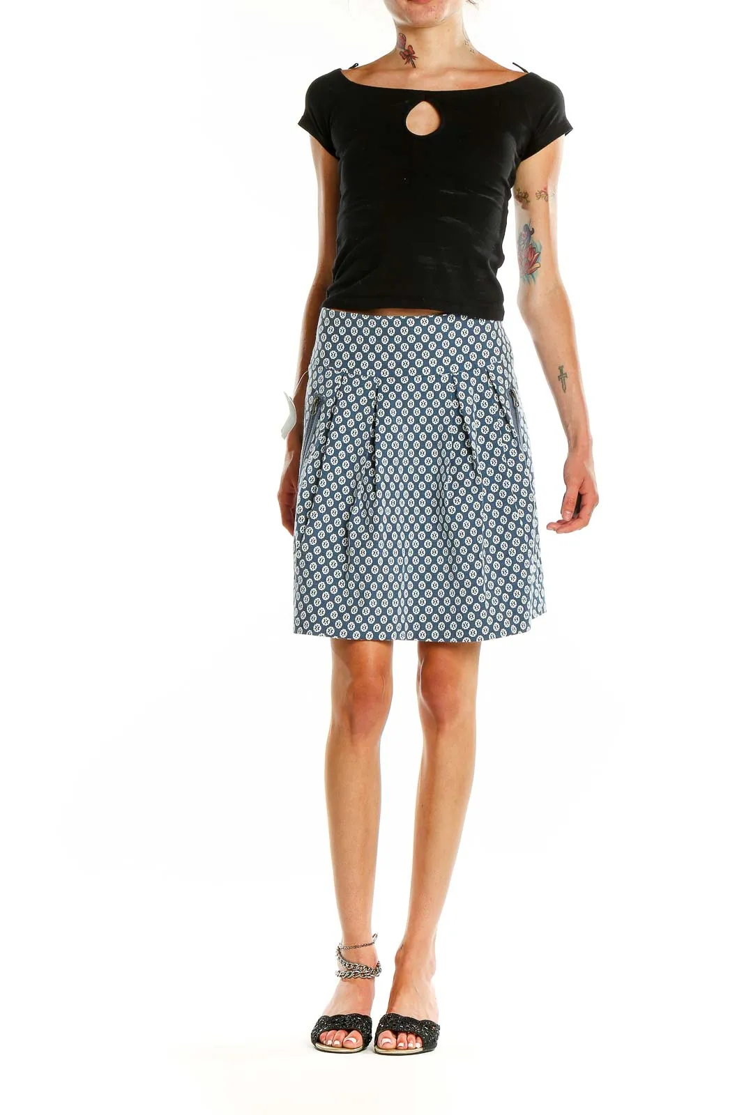 Blue Geometric Print A-Line Skirt