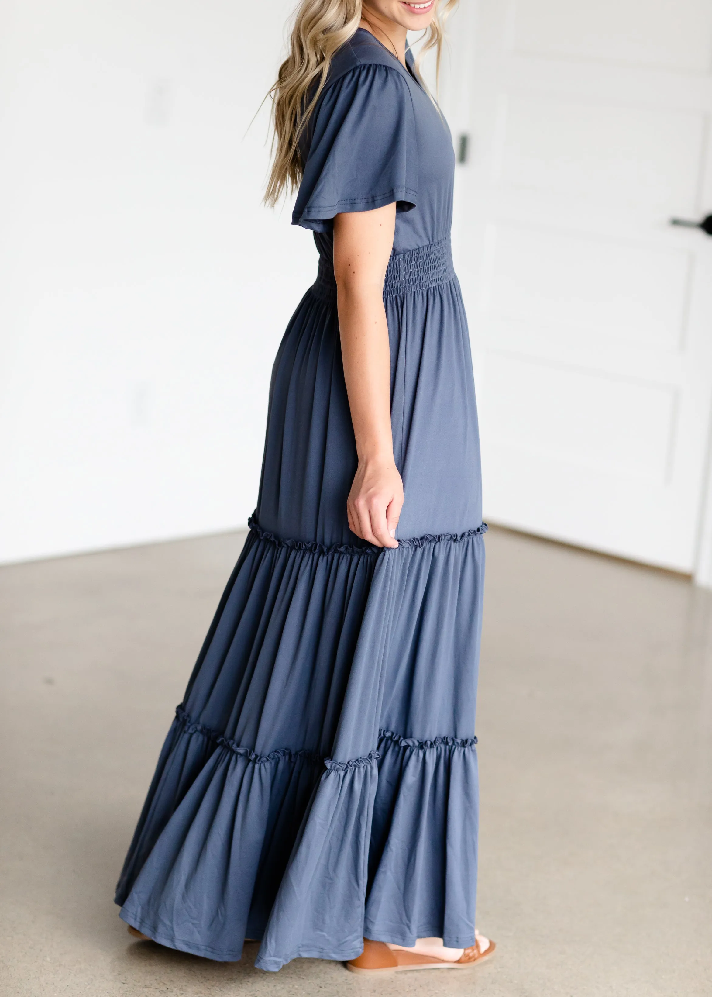 Blue Tiered Cinched Waist Maxi Dress - FINAL SALE