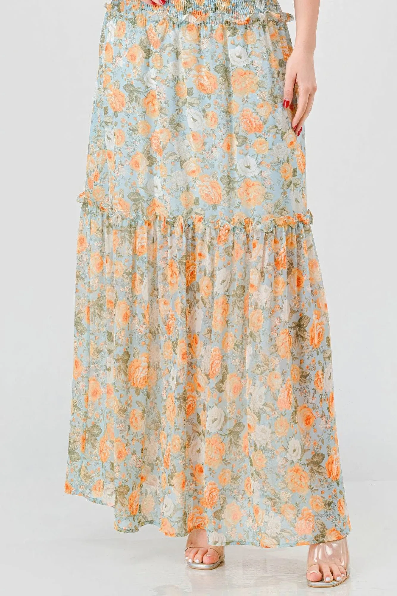 Blue Zone Planet |  Alice's Floral Chiffon Off Shoulder Smocked Back Ruffled Tiered Maxi Dress