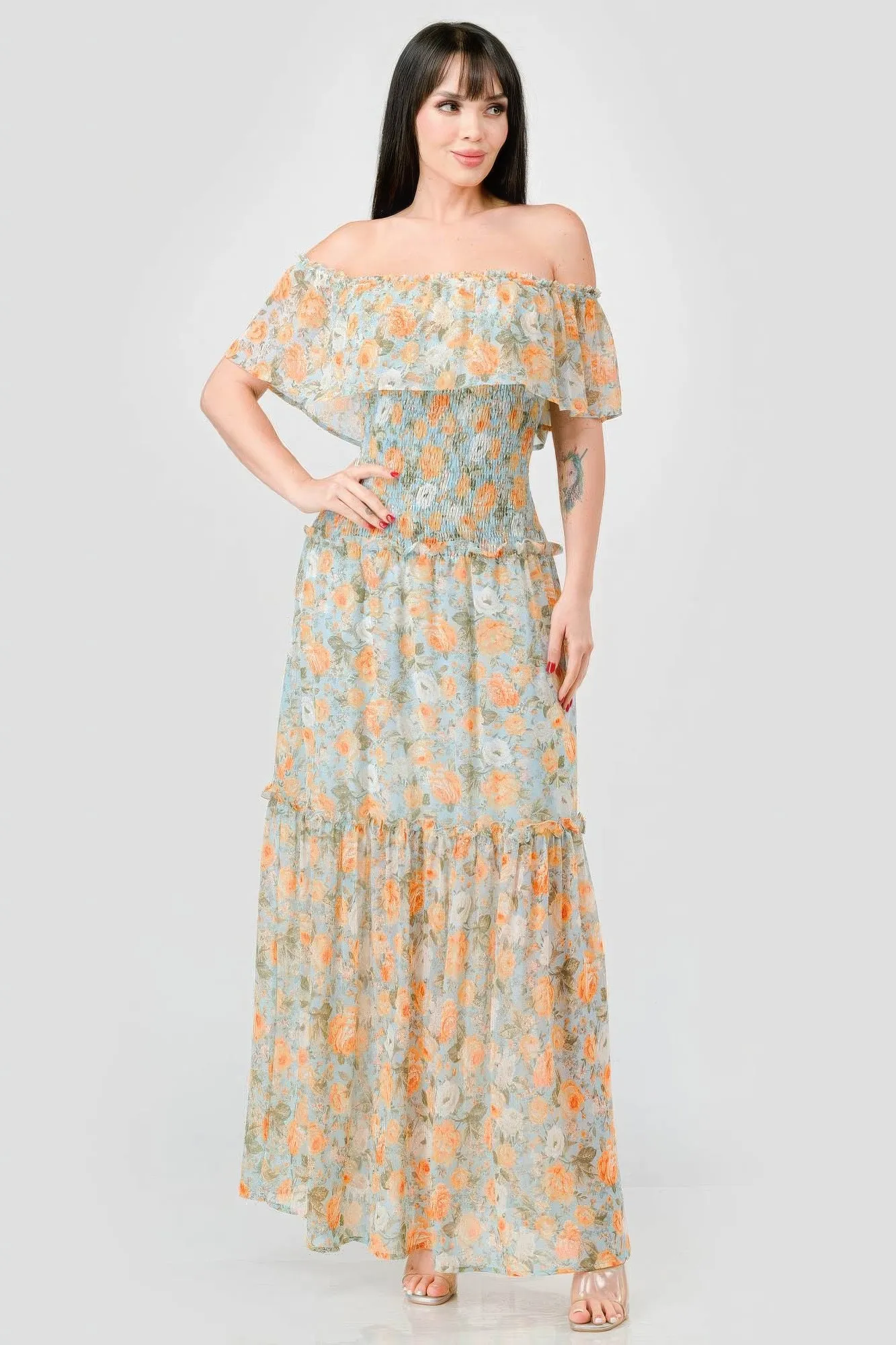 Blue Zone Planet |  Alice's Floral Chiffon Off Shoulder Smocked Back Ruffled Tiered Maxi Dress