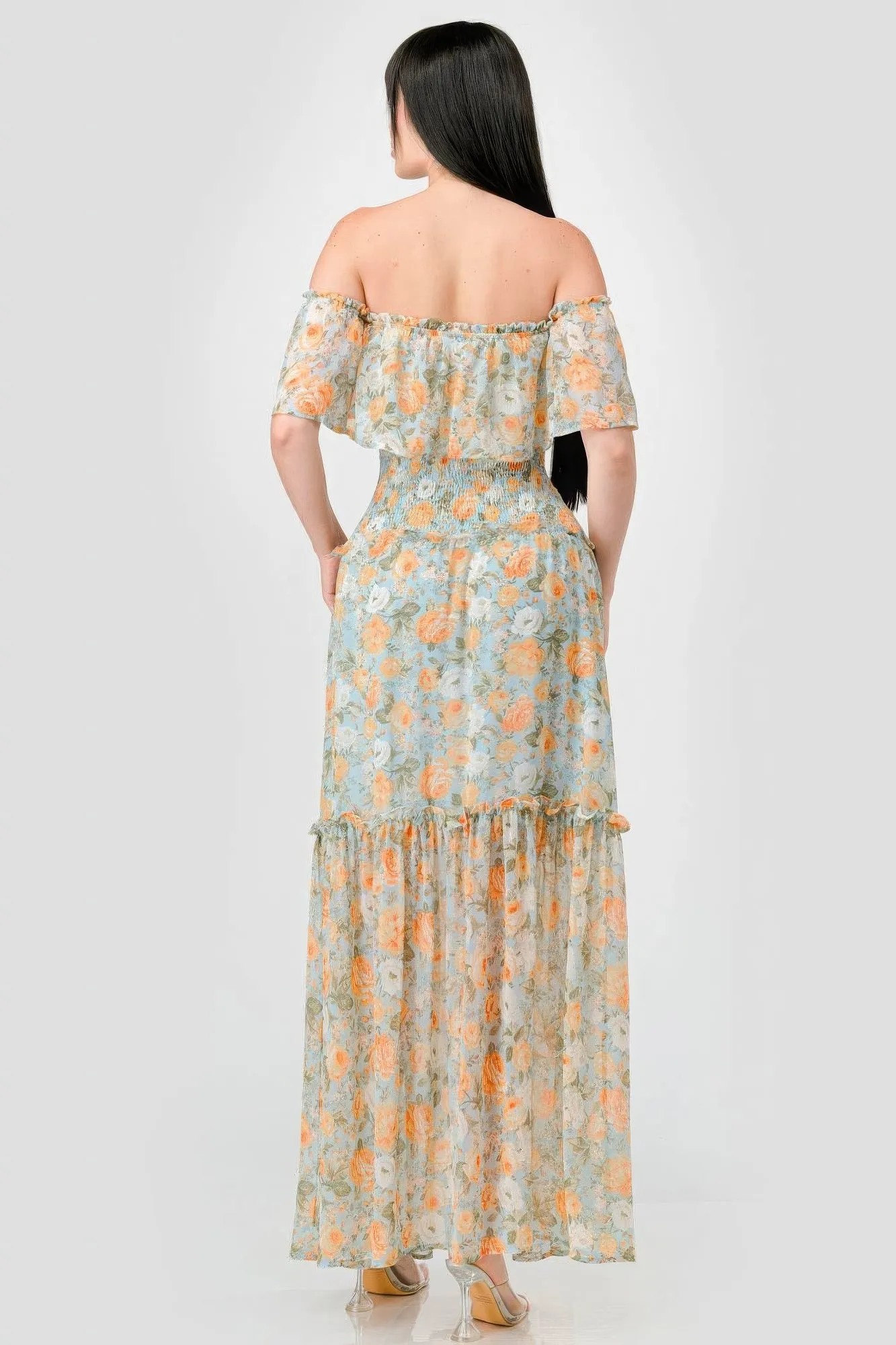 Blue Zone Planet |  Alice's Floral Chiffon Off Shoulder Smocked Back Ruffled Tiered Maxi Dress