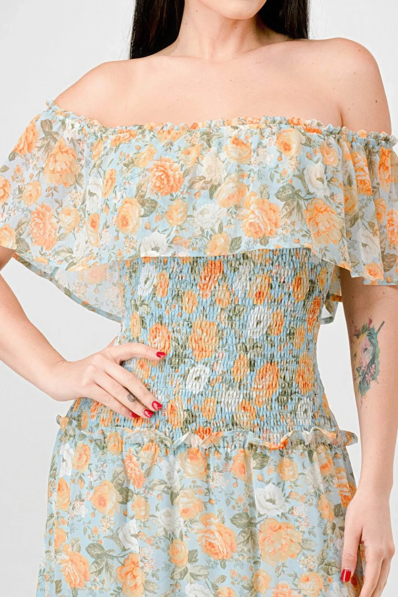 Blue Zone Planet |  Alice's Floral Chiffon Off Shoulder Smocked Back Ruffled Tiered Maxi Dress