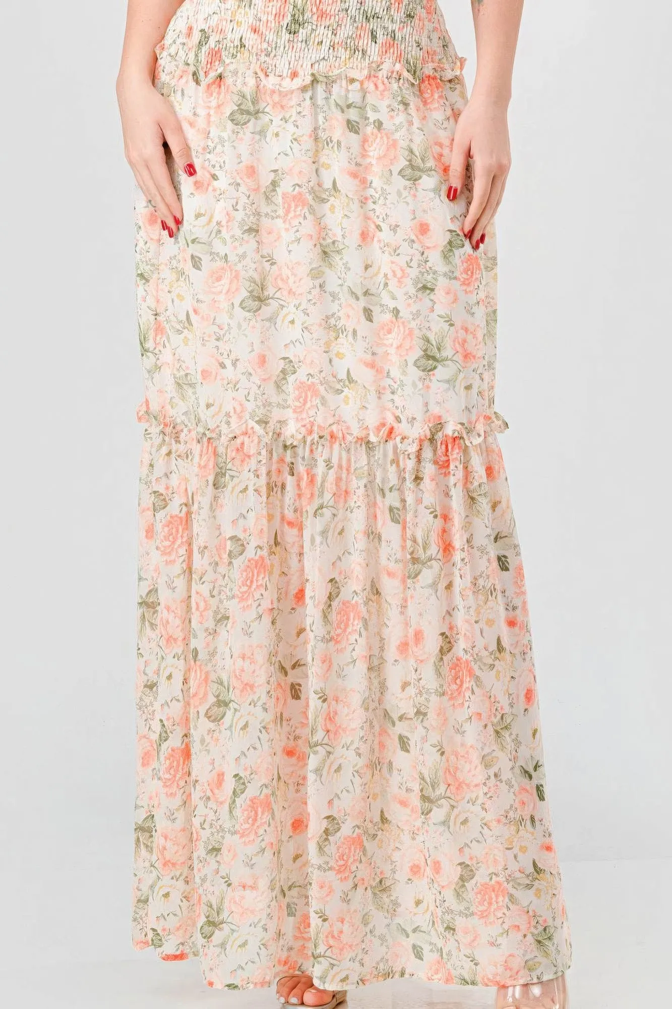 Blue Zone Planet |  Alice's Floral Chiffon Off Shoulder Smocked Back Ruffled Tiered Maxi Dress