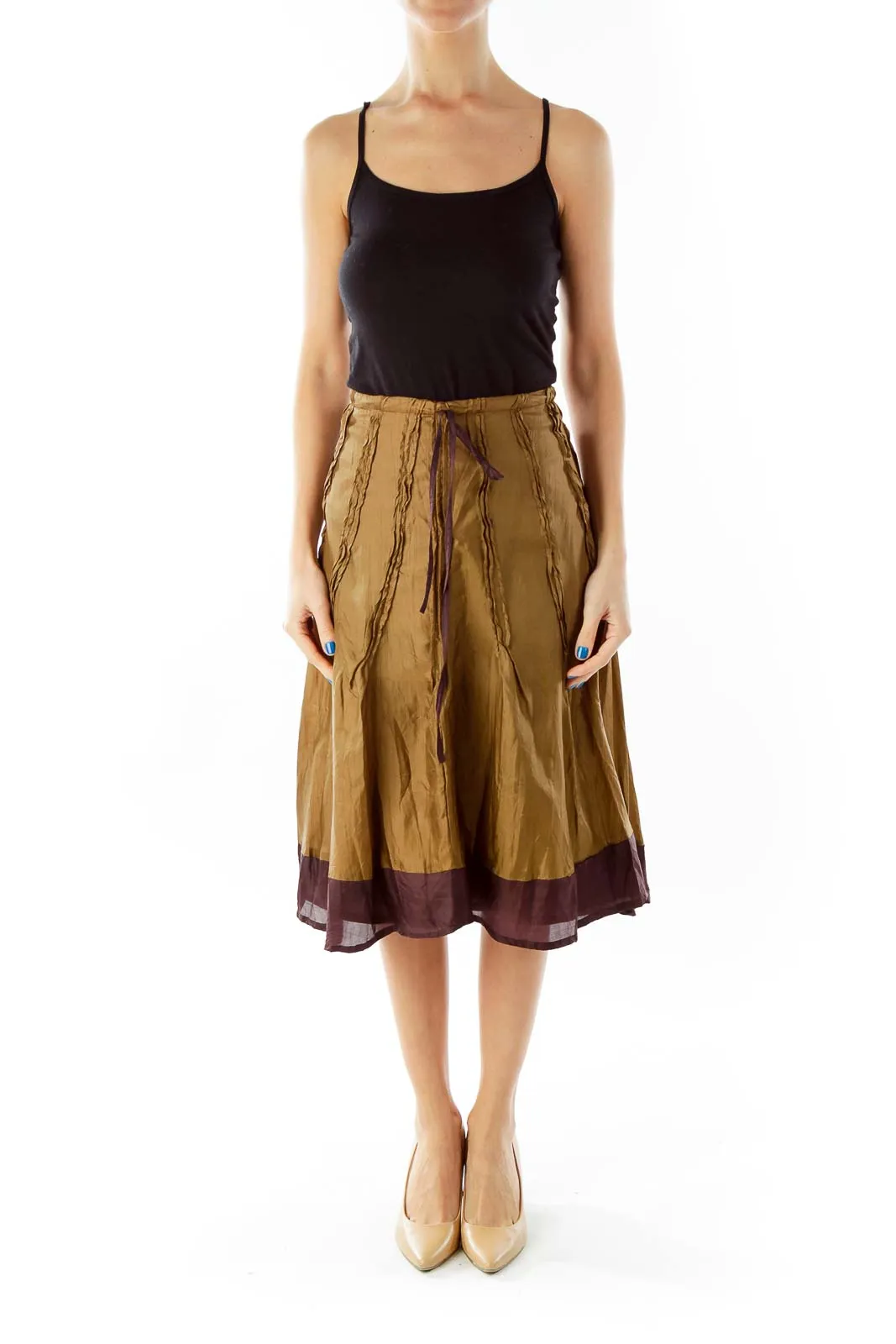 Brown Silk Flared Midi Skirt