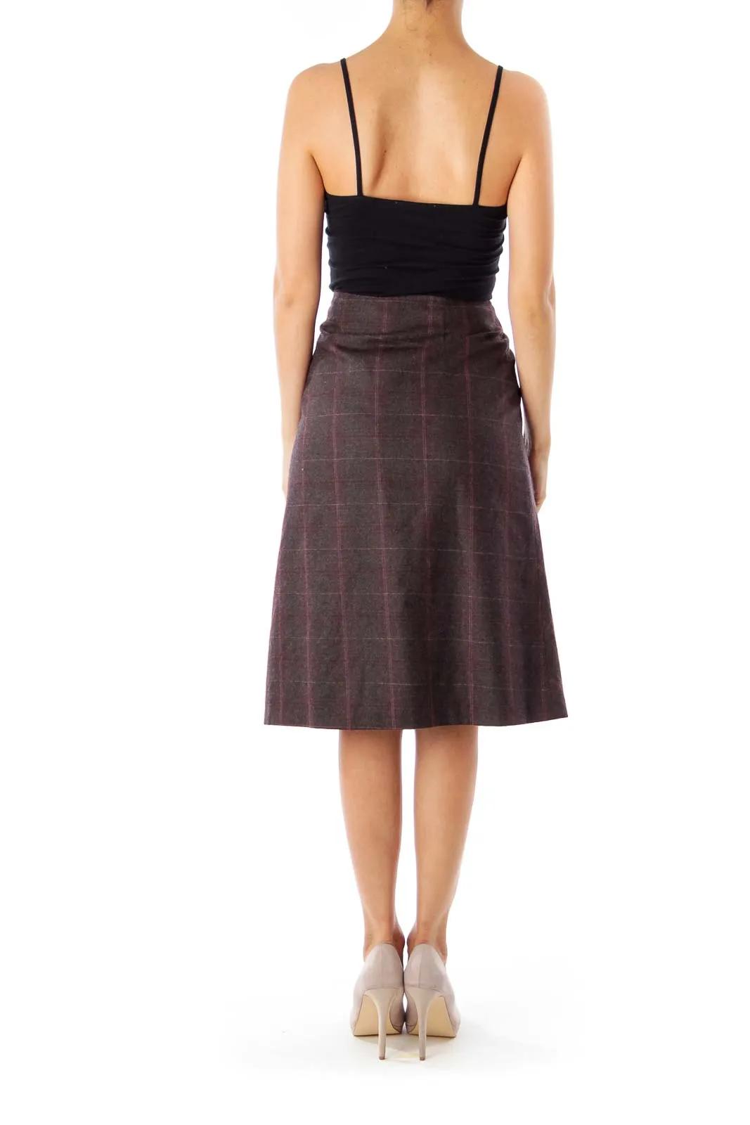 Burgundy Check A-Line Skirt