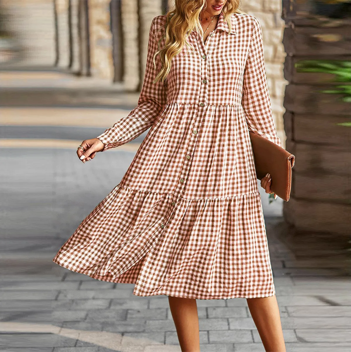 Button Front Tiered Midi Dress