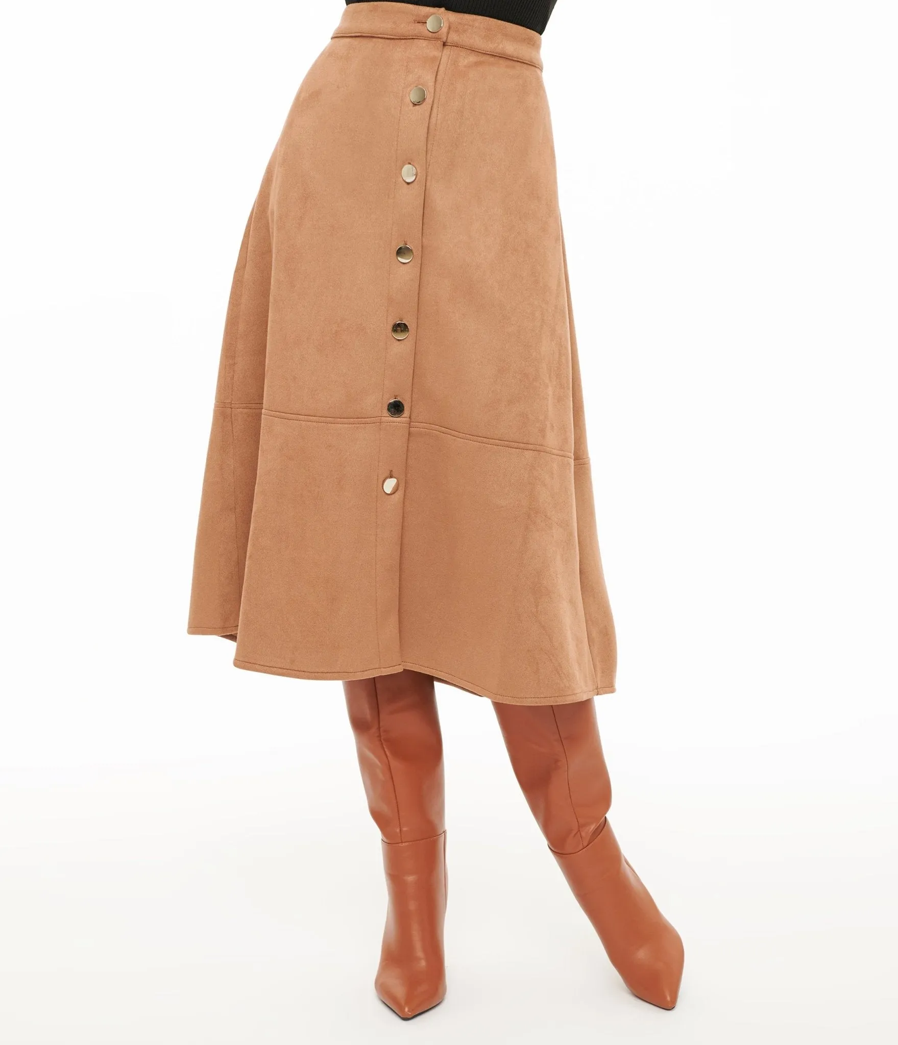 Camel Suede Button Up Midi Skirt