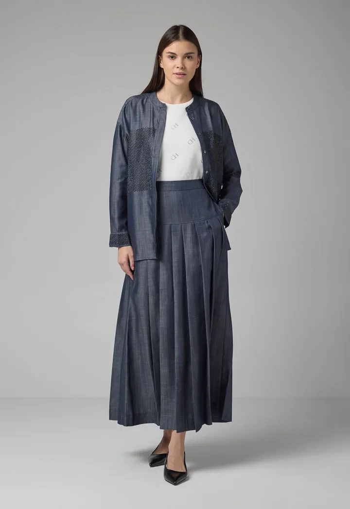 Choice Single Tone Pleated Flared Maxi Skirt Indigo