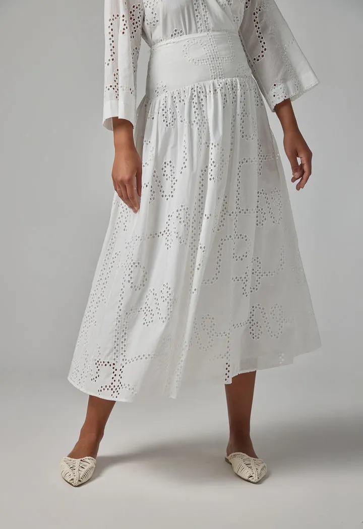 Choice Solid Schiffli Flared Skirt Off White