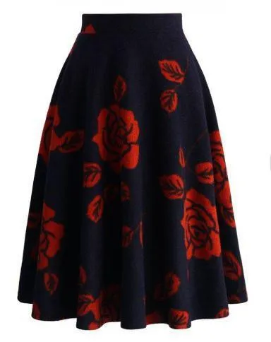 Clearance Fashion Rose Print High Waist Flared A-line Skirt