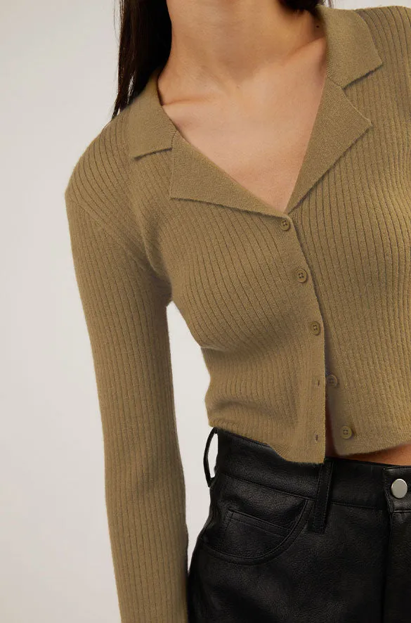 CROPPED COLLARED RIB-KNIT CARDIGAN