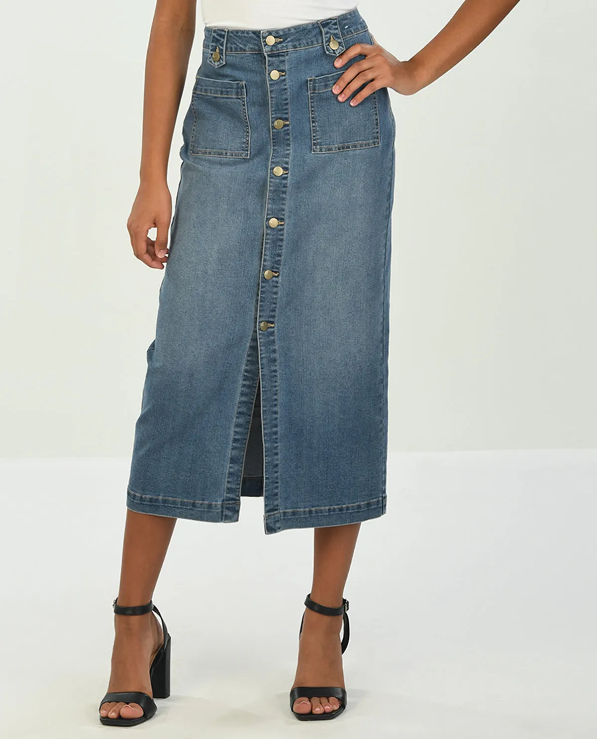 D Jeans Button Front Midi Skirt