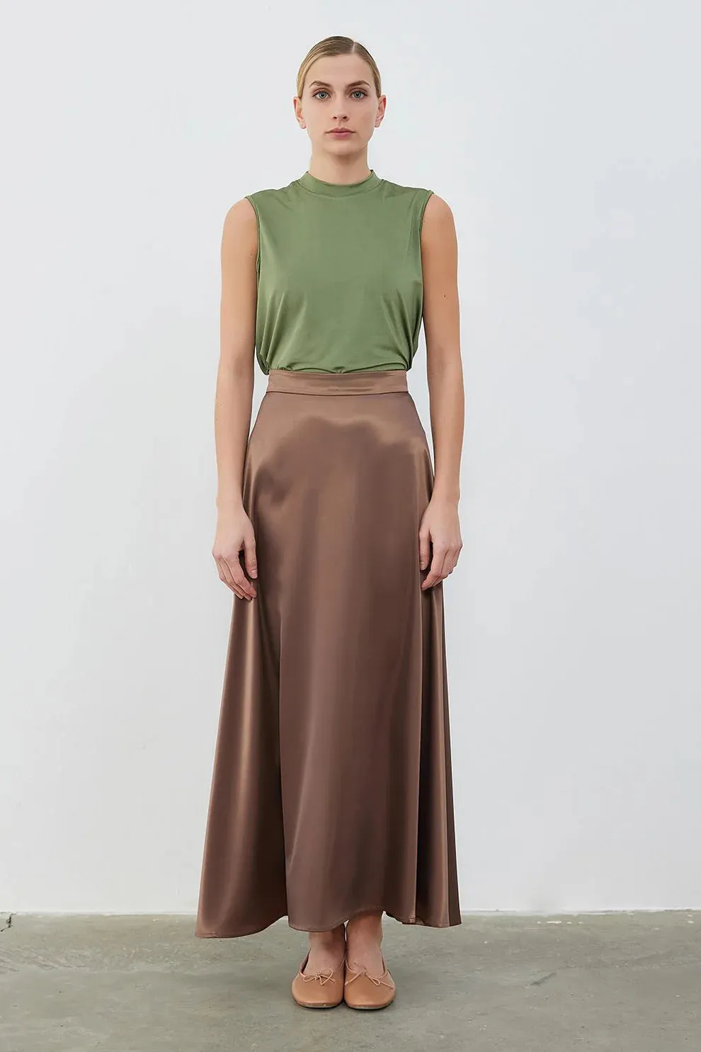 Debra Satin Flared Skirt Brown