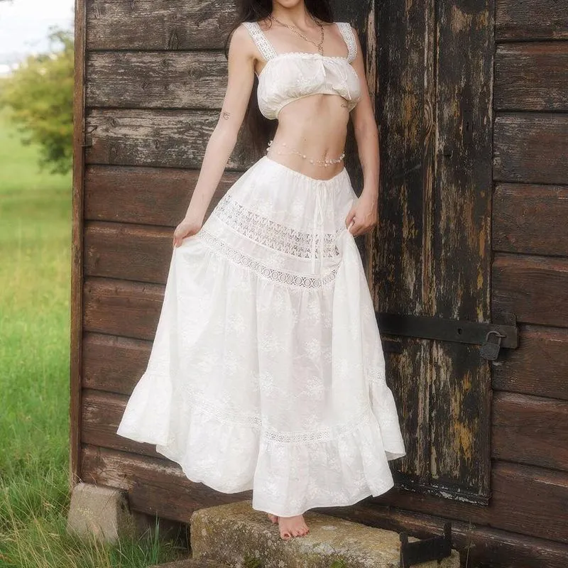 Eyelet Embroidered Lace Crop Top With Cataline Skirt