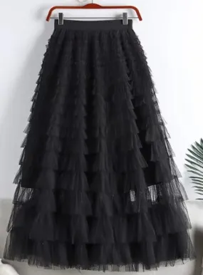 FAIRYTALE TIERED RUFFLE TULLE MESH SKIRT BLACK